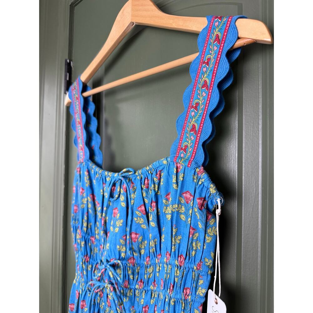 NWT Saylor Zarina Floral Bouquet Block Print Midi Resort Boho Dress Blue Small - Picture 2 of 6